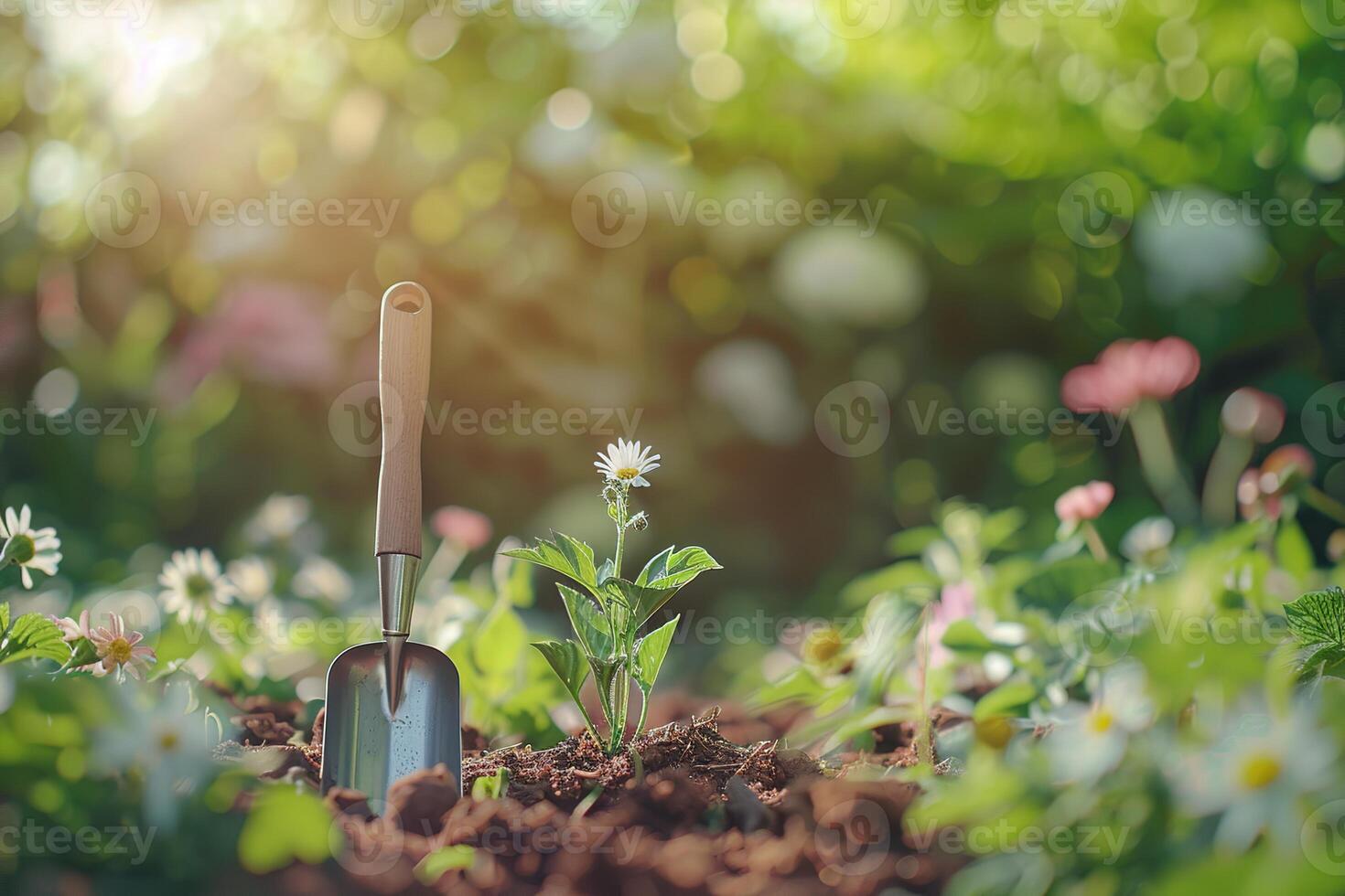 ai gegenereerd achtergrond van tuin werk met tuin Schep in de grond tussen tuin gras en wit en roze bloemen met bomen Aan wazig achtergrond foto