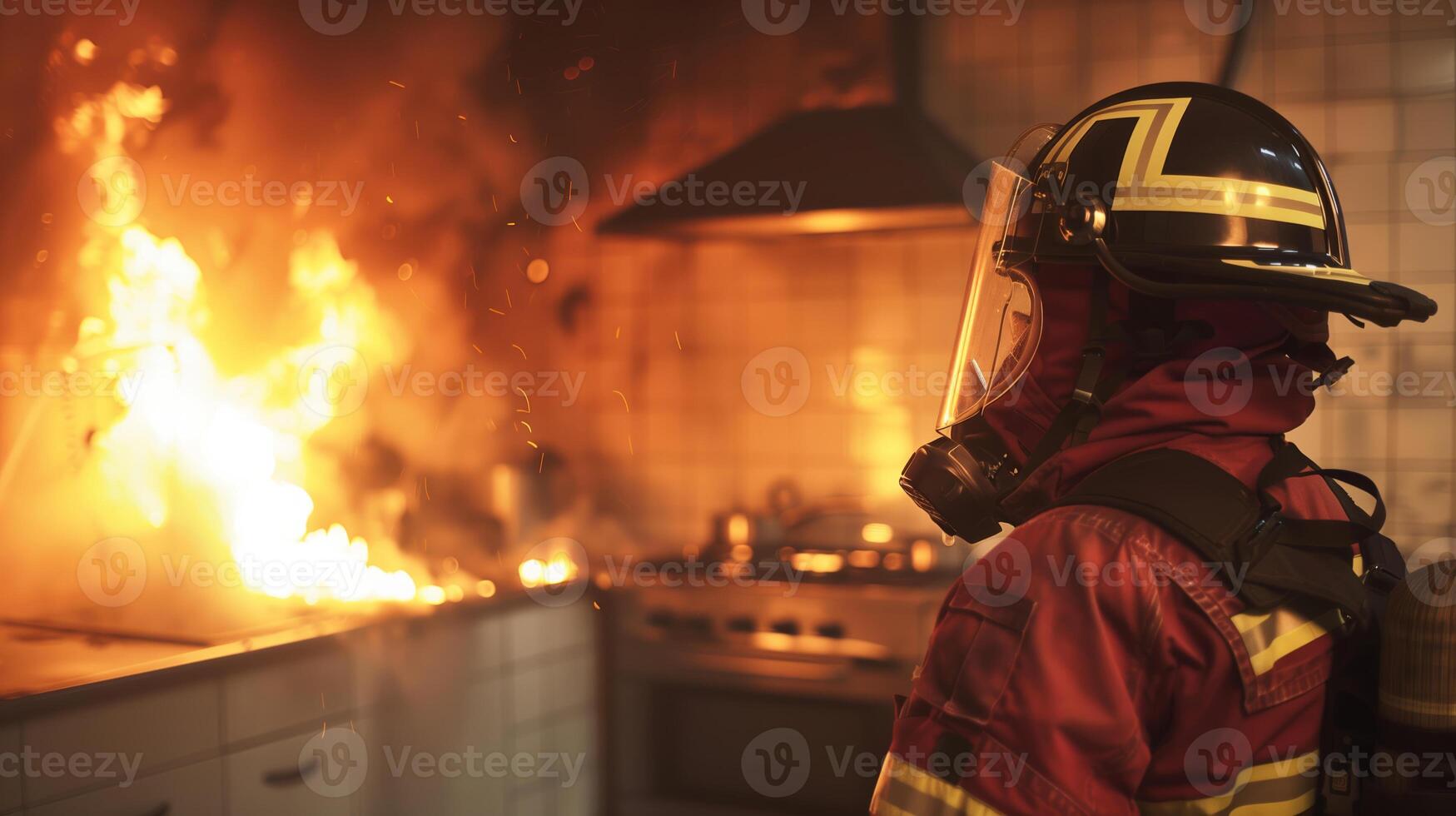 ai gegenereerd brandweerman in vol uitrusting staand in voorkant van een woedend keuken vuur, demonstreren noodgeval reactie en brand veiligheid concepten foto