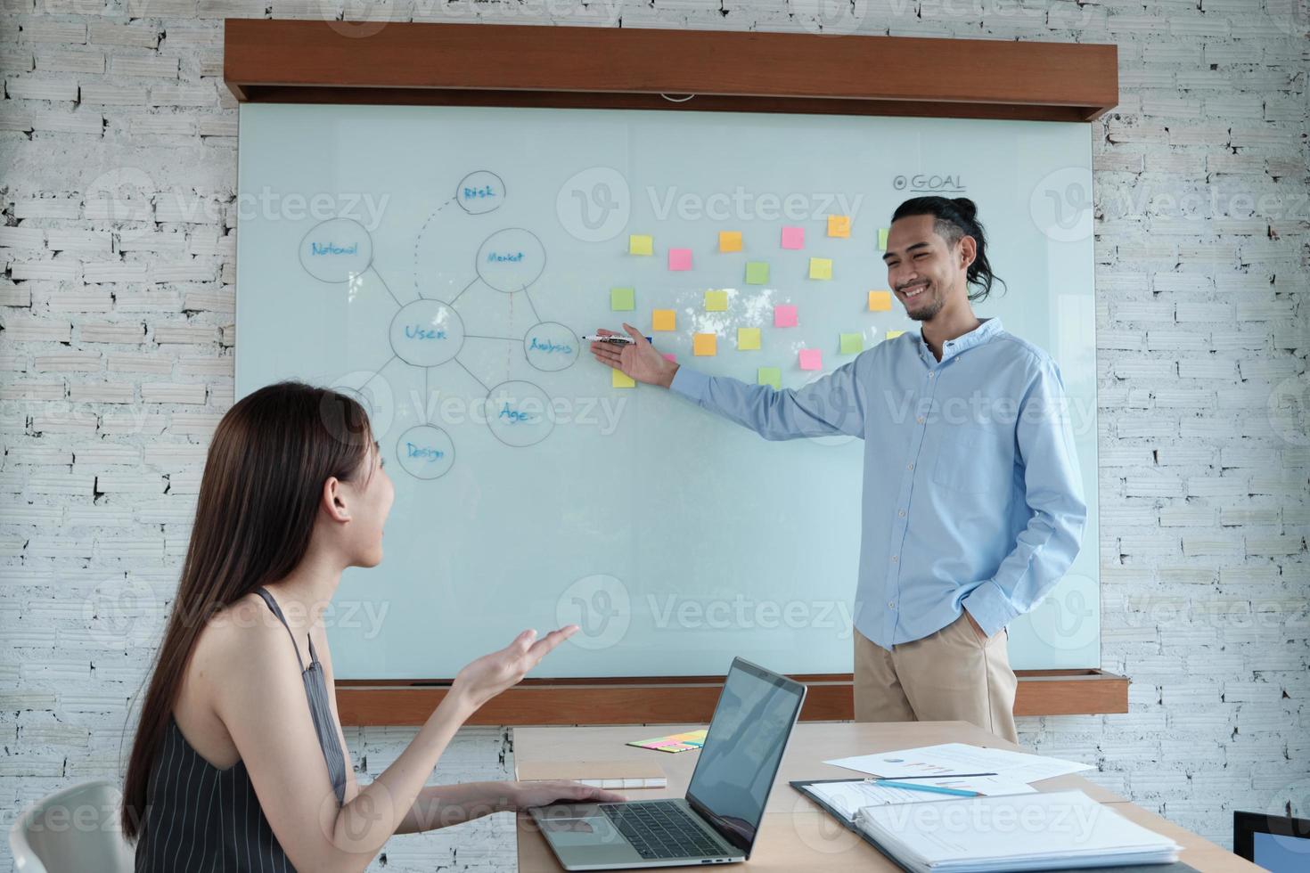 twee collega's en collega's van Aziatische etniciteit brainstormen en vergaderfinancieringsproject bespreken met businessplan in vergaderruimte met kleurrijke plaknotities op schrijfbord op kantoor. foto