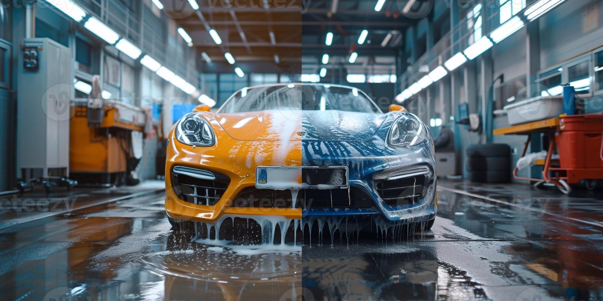 ai gegenereerd een auto rennen door een automatisch auto wassen met borstels en water raken voertuig. foto