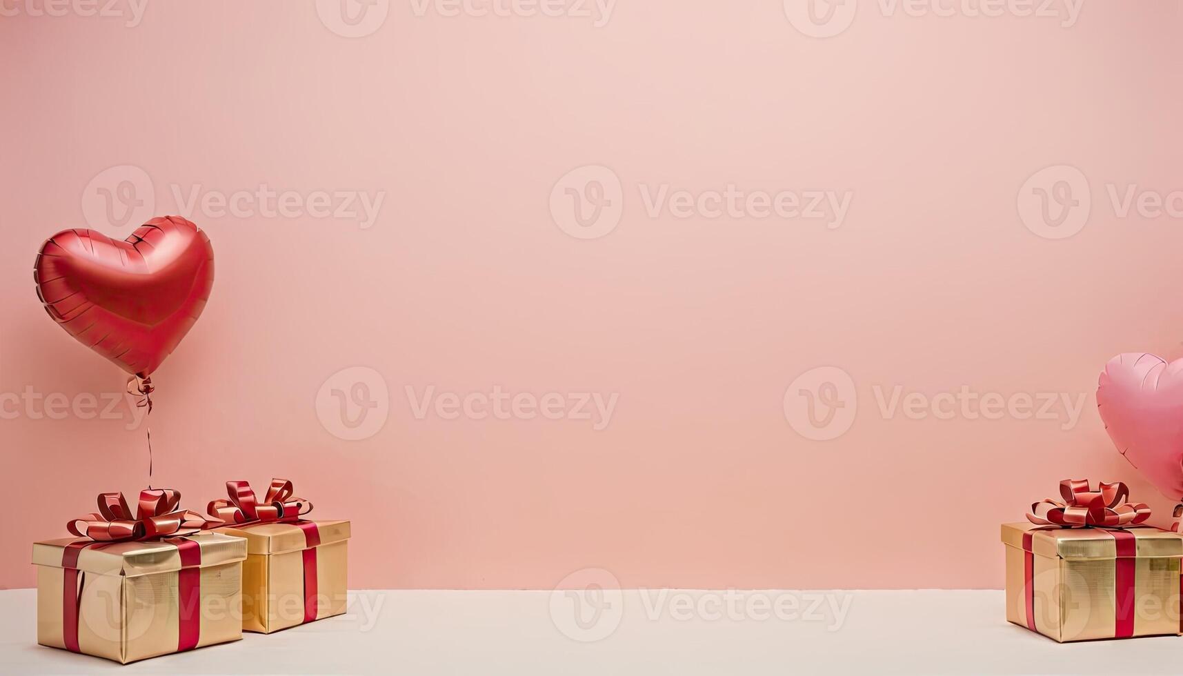 ai gegenereerd rood hart ballon Aan perzik backdrop met verpakt Cadeau dozen. Valentijn dag en vrouwen dag feesten, verjaardag partij uitnodigingen. kopiëren ruimte voor tekst foto