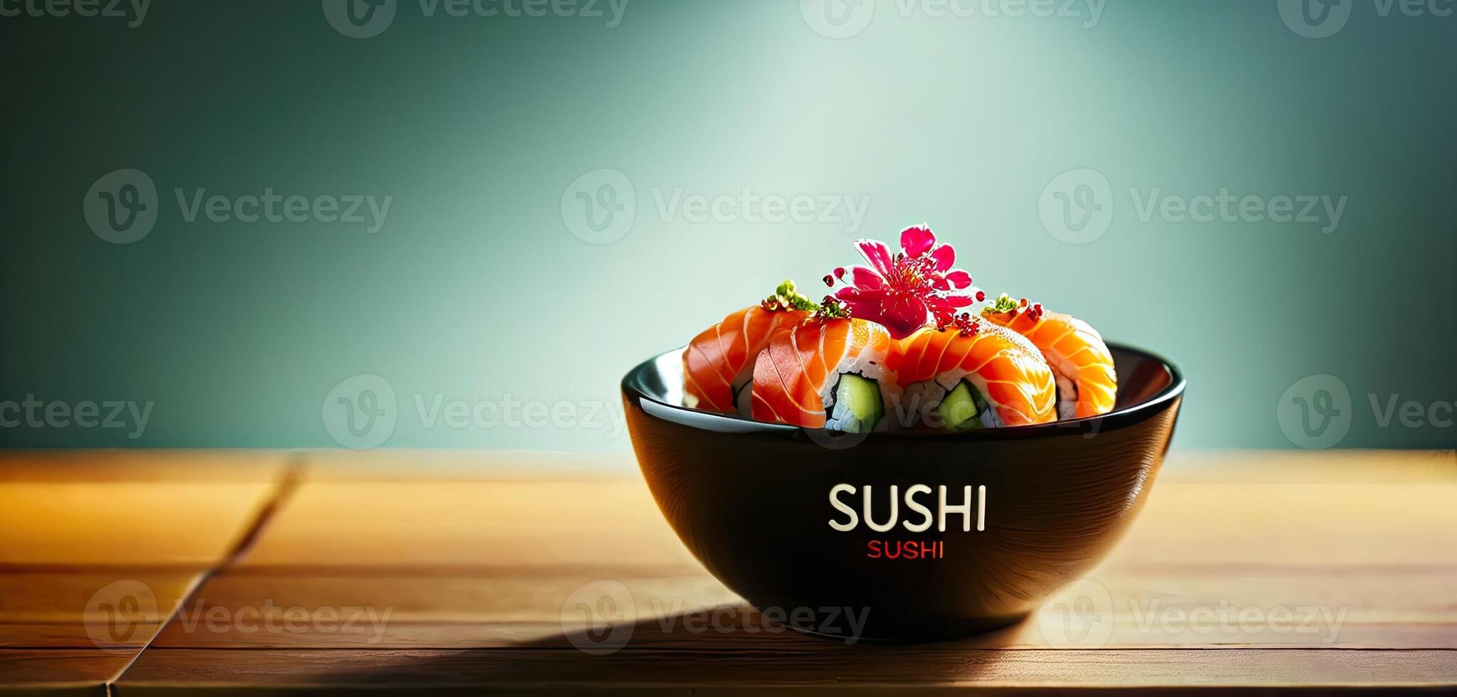 ai gegenereerd sushi bord Aan houten oppervlak. broodjes netjes geregeld, geassorteerd sushi, donker bord, houten tafel. foto