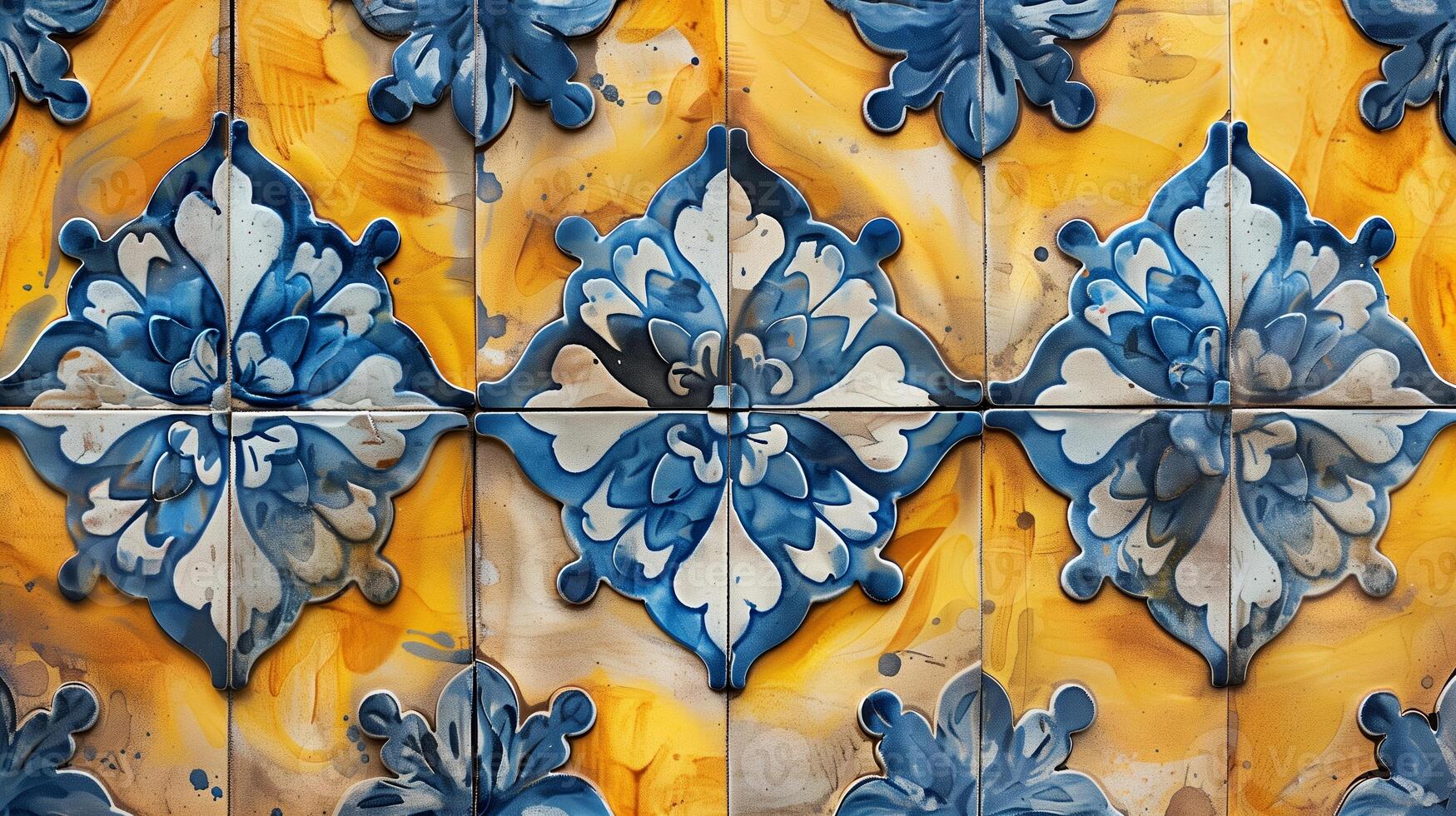 ai gegenereerd traditioneel Portugees azulejo tegels met overladen blauw en wit bloemen patronen Aan een geel achtergrond, ideaal voor cultureel en ontwerp thema's foto