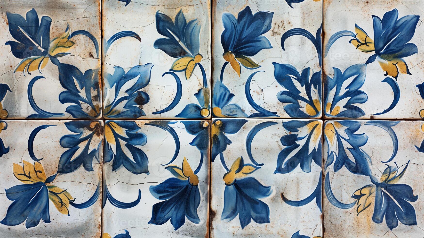 ai gegenereerd traditioneel blauw en geel bloemen patroon Aan keramisch tegels met een rustiek, verweerd uiterlijk, vastleggen een middellandse Zee of Portugees esthetisch foto