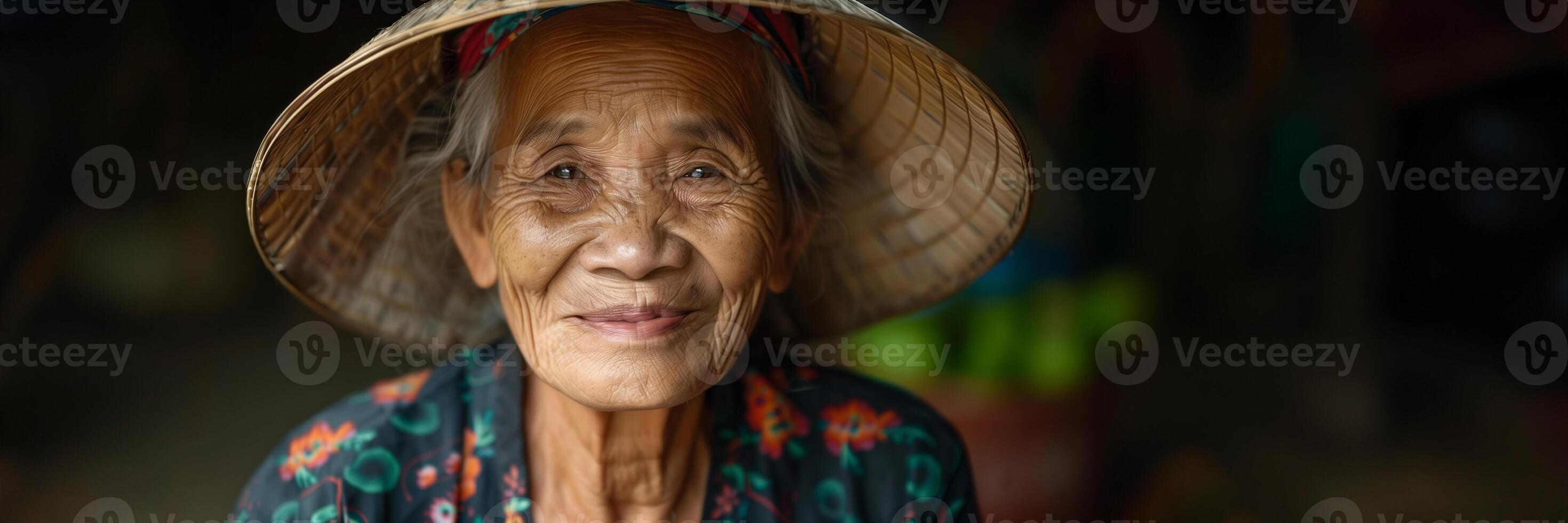 ai gegenereerd portret van een glimlachen ouderen zuidoosten Aziatisch vrouw vervelend een traditioneel conisch hoed, belichamend cultureel erfgoed en wijsheid foto