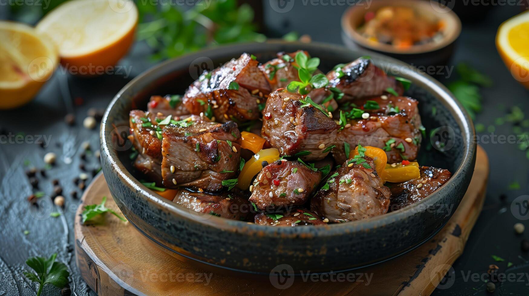 ai gegenereerd sappig geglazuurd rundvlees kubussen gegarneerd met sesam zaden en vers kruiden in een keramisch schaal, geserveerd Aan een houten bord, culinaire concept foto