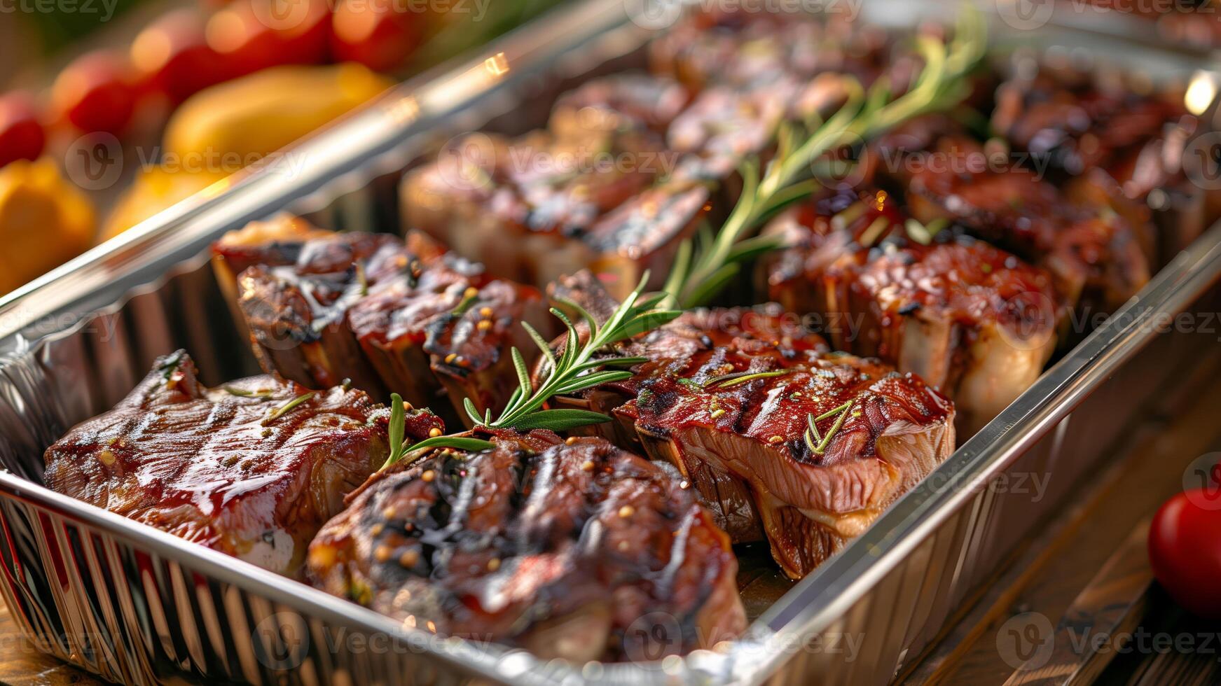 ai gegenereerd sappig gegrild varkensvlees ribben met rozemarijn in een beschikbaar dienblad, suggereren een zomer bbq concept, tentoongesteld met een wazig backdrop van vers groenten foto