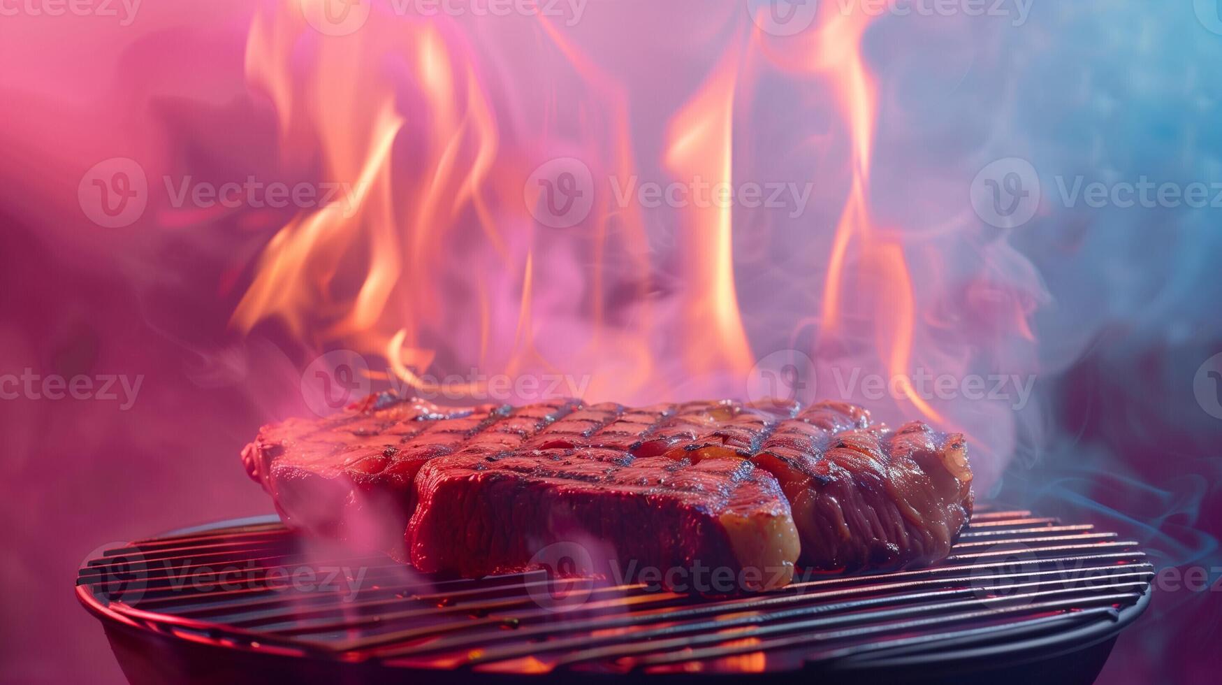 ai gegenereerd sappig steak sissend Aan een Amerikaans stijl barbecue rooster met levendig vlammen en rook geïsoleerd Aan een helling achtergrond foto