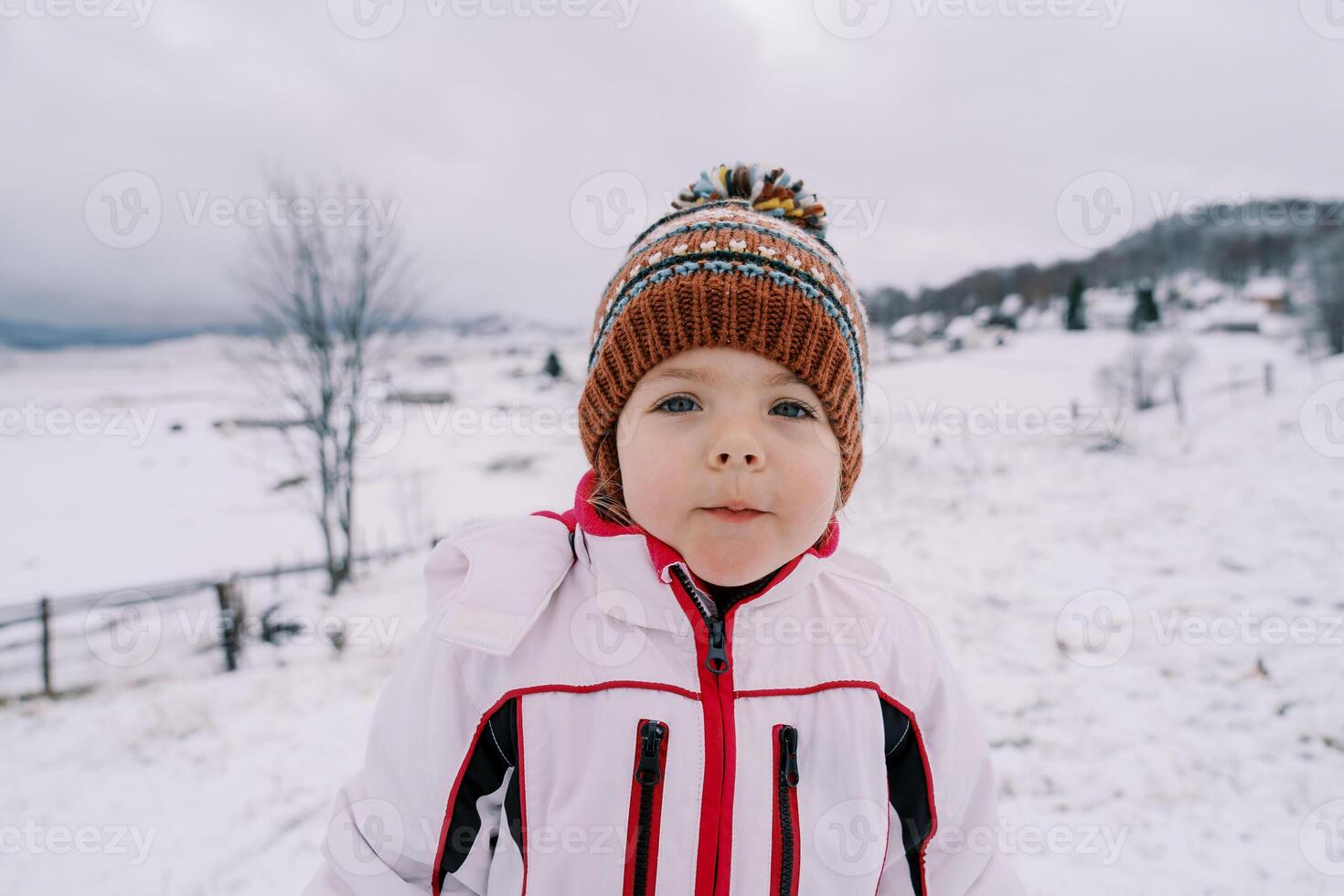 weinig meisje staat Aan een met sneeuw bedekt heuvel in een berg vallei foto