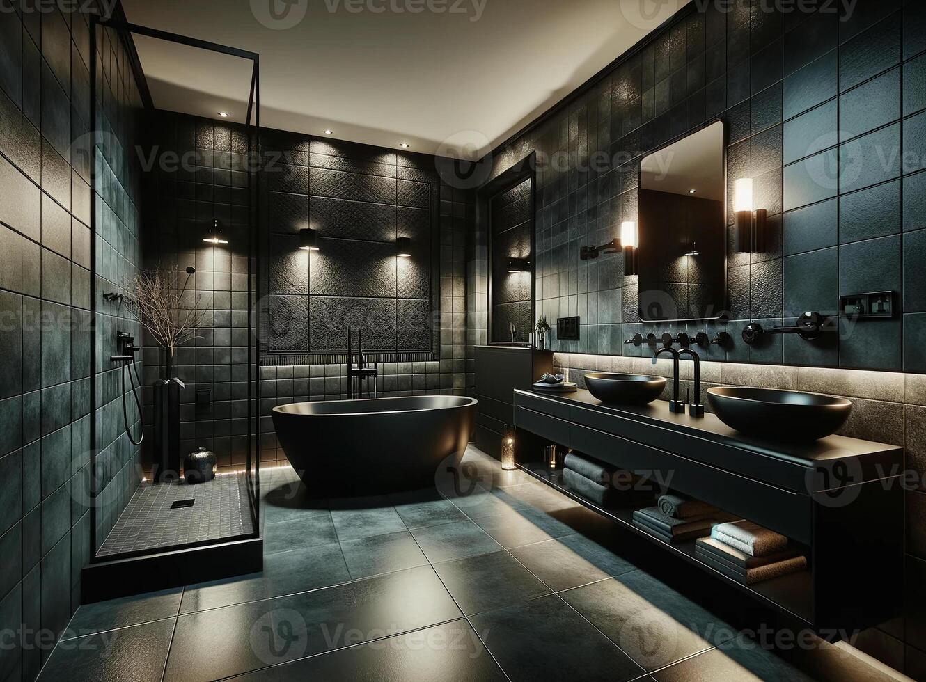 ai gegenereerd een luxueus en modern badkamer met een donker ontwerp thema. de badkamer vitrines een verbijsterend zwart vrijstaand bad, aanbieden een stoutmoedig uitspraak foto