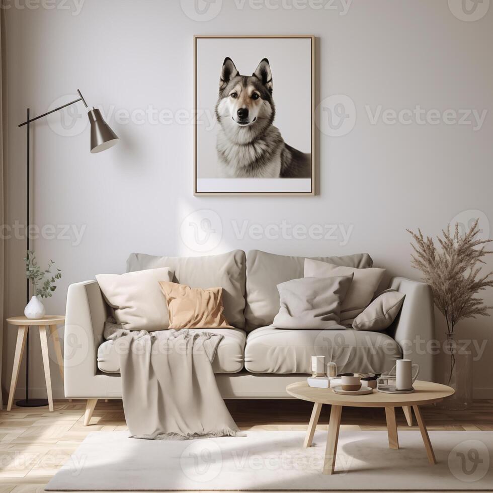 ai gegenereerd elegant en Scandinavisch leven kamer interieur van modern appartement met grijs bank, ontwerp houten commode, zwart tafel, lamp, abstrac schilderijen Aan de muur. mooi hond aan het liegen Aan de bankstel foto