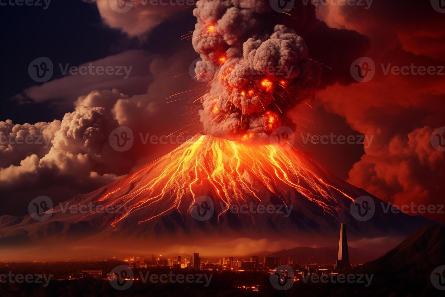 ai gegenereerd Overzicht van de Etna vulkaan gedurende de uitbarsting foto