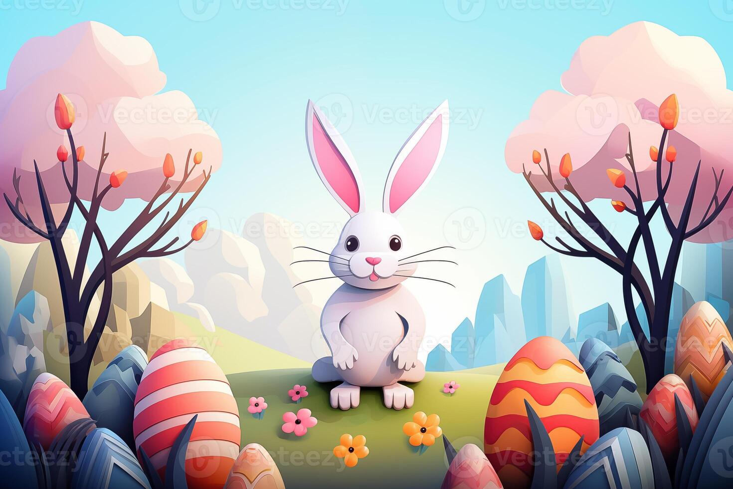ai gegenereerd groet kaart met titel gelukkig Pasen. tekenfilm voorjaar tafereel met schattig gekleurde eieren en oren van een konijn. vakantie achtergrond met bomen, struiken en plaats voor tekst foto