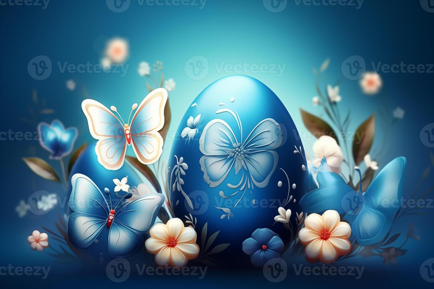 ai gegenereerd illustratie van gelukkig Pasen vakantie met geschilderd ei, konijn oren en bloem Aan glimmend blauw achtergrond. Internationale viering ontwerp met typografie voor groet kaart, partij foto