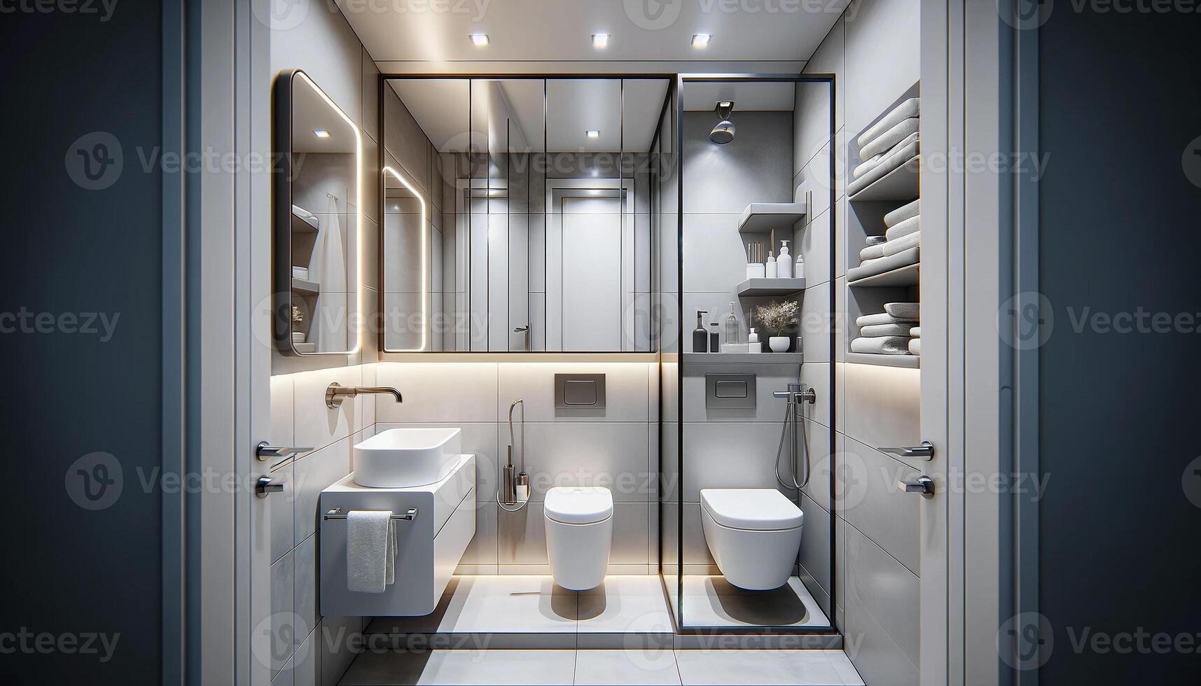 ai gegenereerd klein badkamer met een modern ontwerp stijl. de ruimte, Hoewel compact, is efficiënt en stijlvol ontworpen foto