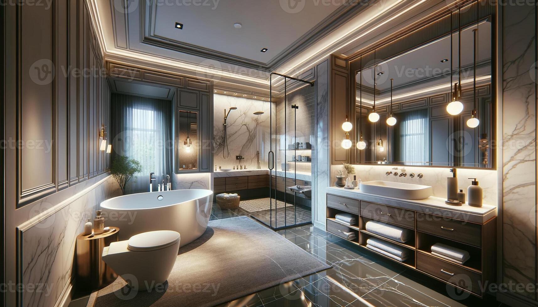 ai gegenereerd mooi badkamer interieur. de badkamer is ontworpen met elegantie en stijl, met hoge kwaliteit armaturen foto