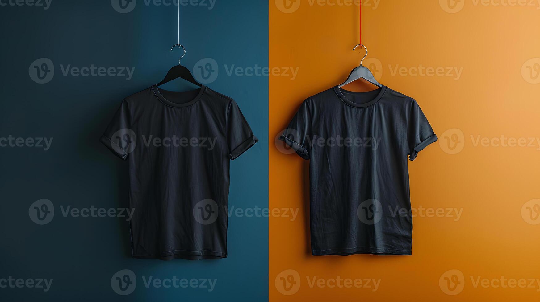 ai gegenereerd twee zwart t-shirts Aan kleren hanger tegen blauw en oranje muur foto