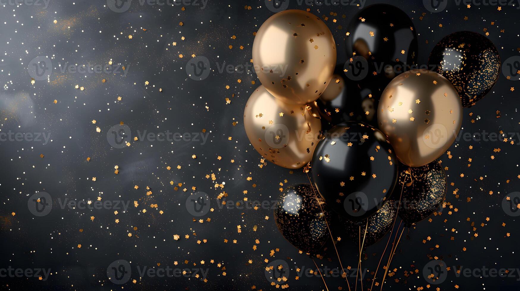 ai gegenereerd een TROS van goud en zwart ballonnen met confetti in een donker instelling foto