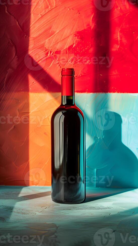 ai gegenereerd een glas fles van rood wijn Aan een tafel tegen een kleurrijk muur foto