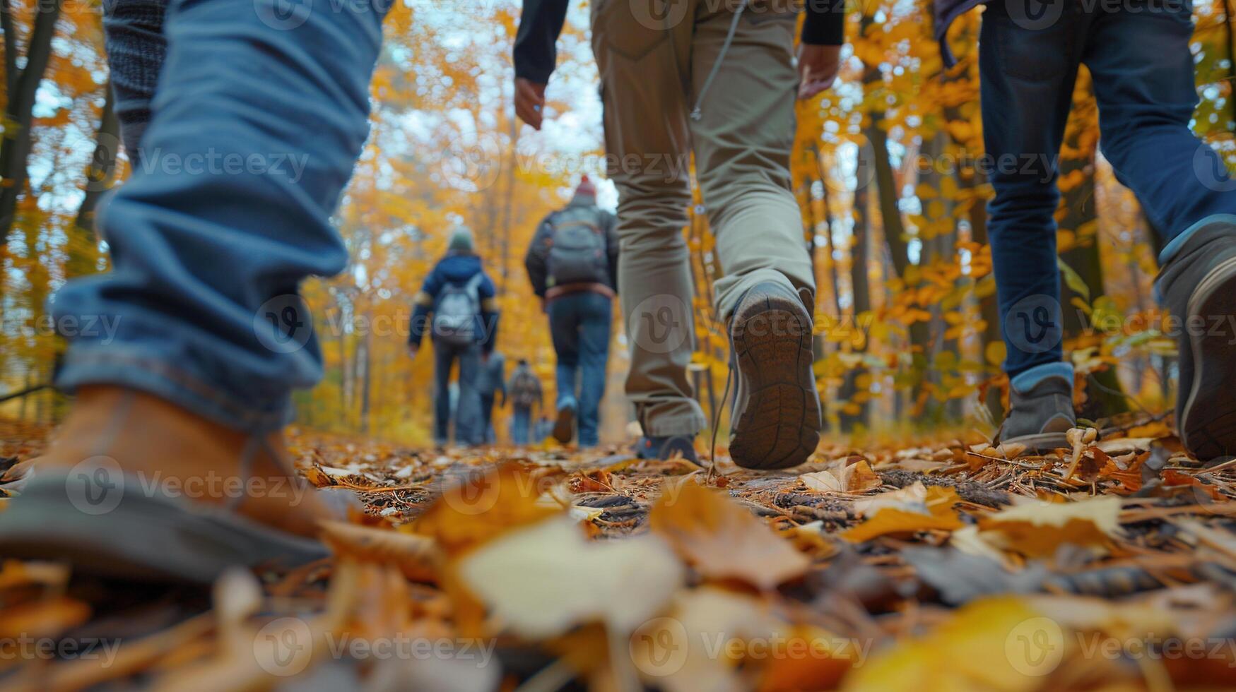 ai gegenereerd voeten detailopname. groep van toeristen wandelen langs pad van herfst Woud. sport, vies, hiking, wandelen been, voet, persoon, kom tot rust, stap, reis, laars, grond, pad, modder, blad, buitenshuis foto