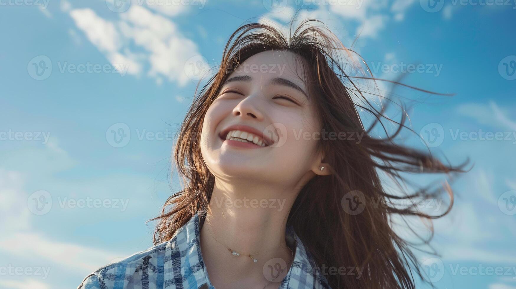 ai gegenereerd mooi glimlachen vrouw vervelend een gecontroleerd overhemd Aan blauw lucht. aziatisch, Chinese, Japans, koreaans, Azië, Japan, Korea, China, vrouw, persoon, glimlach, Vrolijk, portret, gezicht, plezier, wolk, wind foto