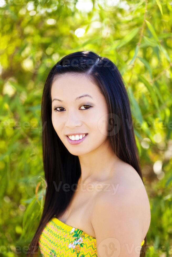glimlachen buitenshuis portret van Aziatisch Amerikaans vrouw foto