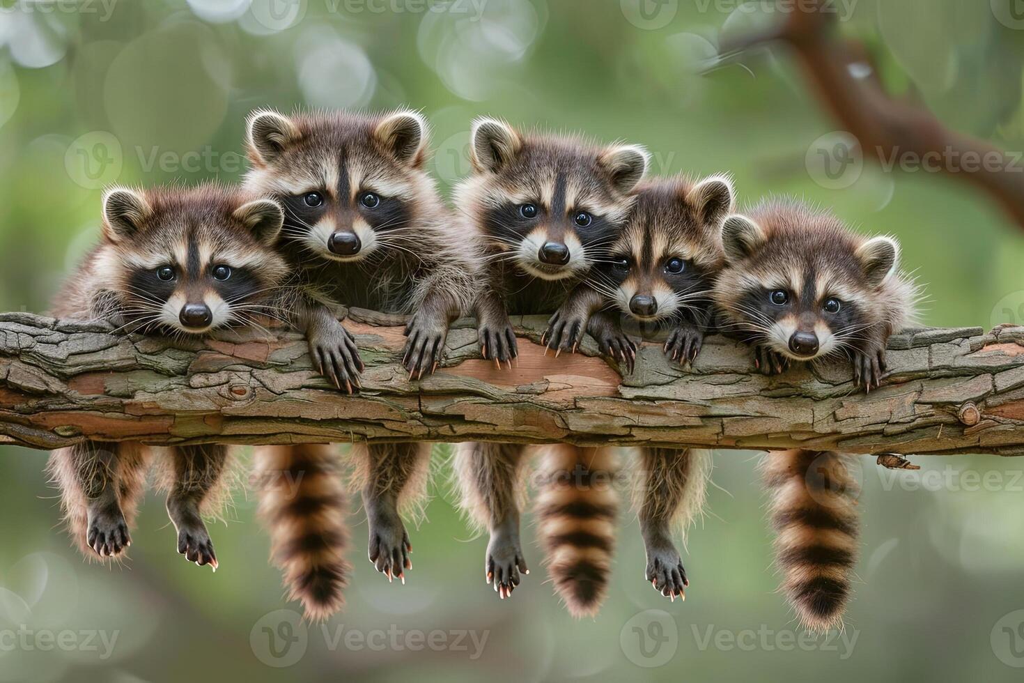 ai gegenereerd wasbeer baby groep van dieren hangende uit Aan een tak, schattig, lachend, aanbiddelijk foto