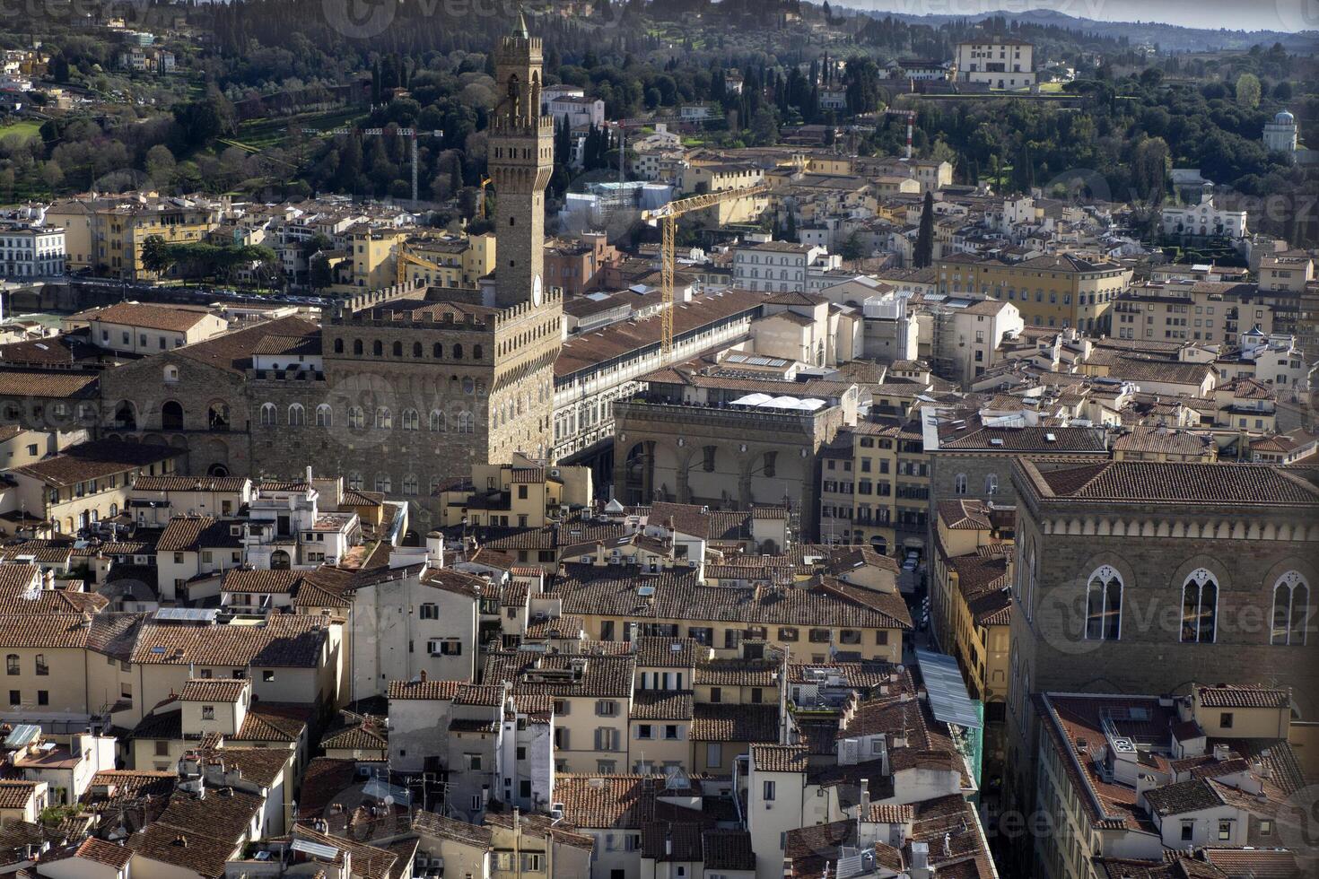 palazzo della signoria Florence antenne visie stadsgezicht van Giotto toren detail in de buurt kathedraal de kerstman Maria dei fiori, brunelleschi koepel Italië foto