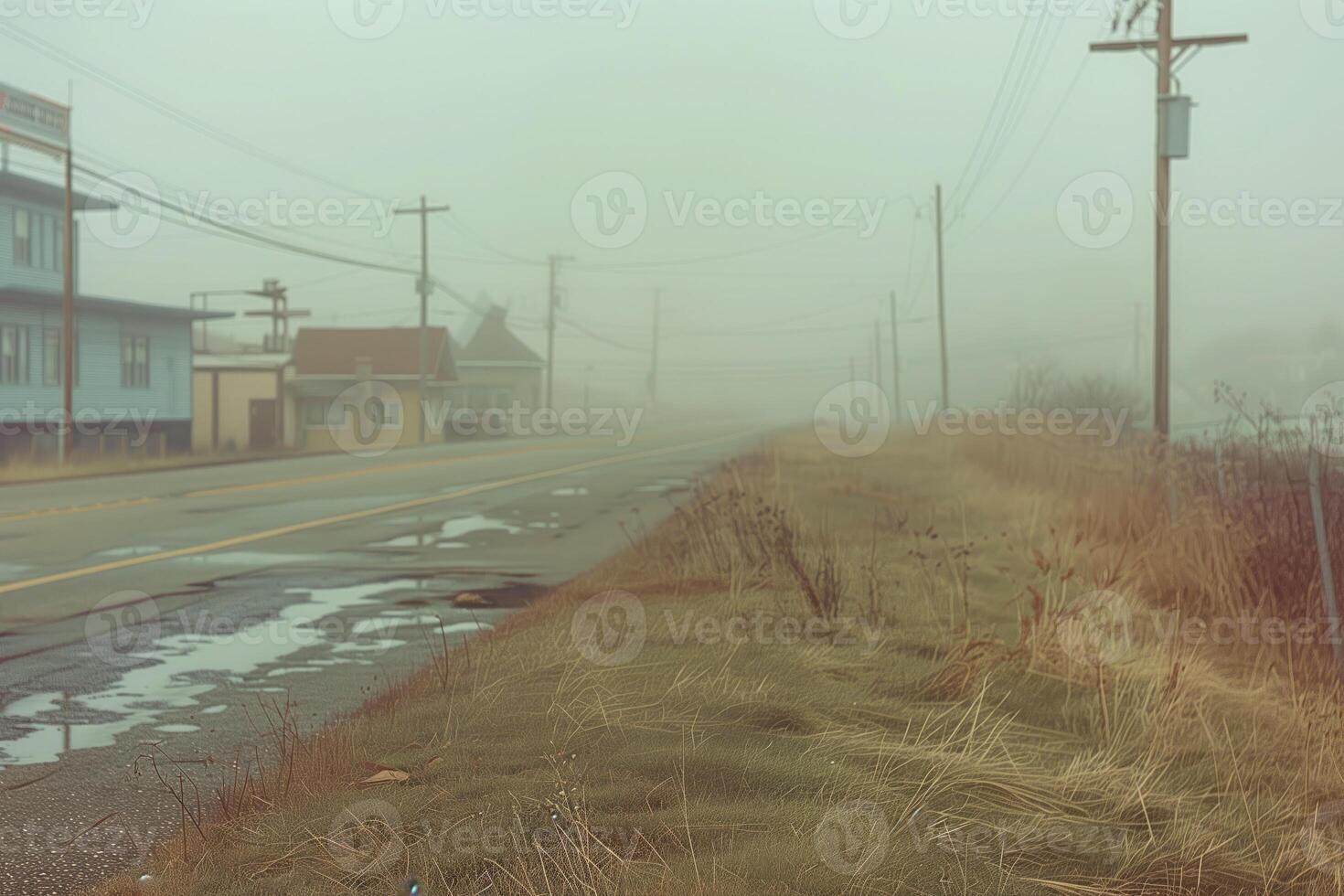 ai gegenereerd platteland weg in een mistig ochtend, wazig nevelig landschap foto