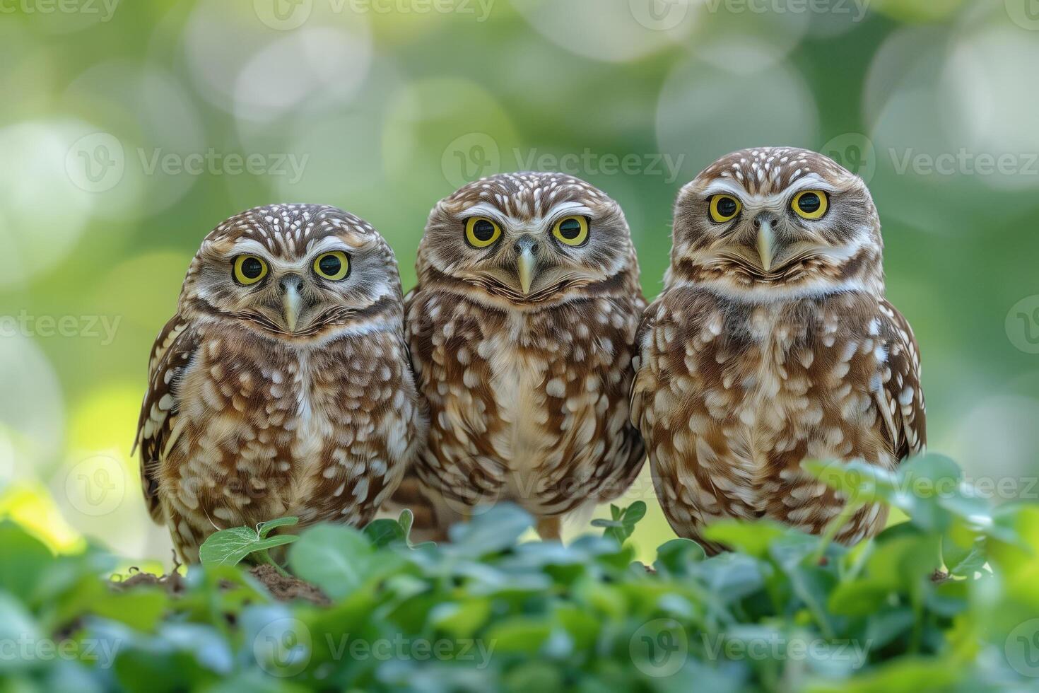 ai gegenereerd groep van graven uilen Athene cunicularia in natuur foto