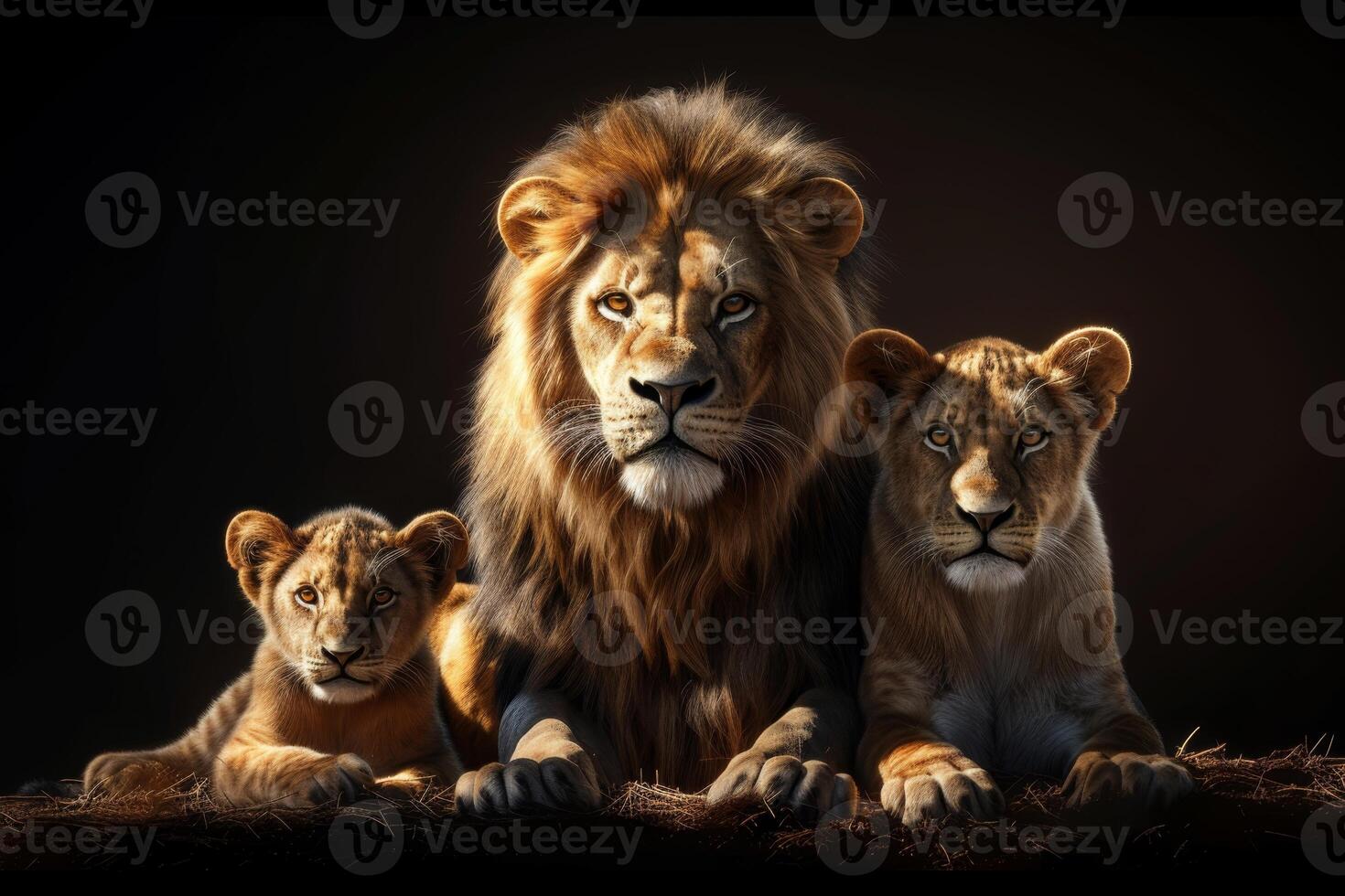 ai gegenereerd de leeuw familie Aan een zwart achtergrond foto