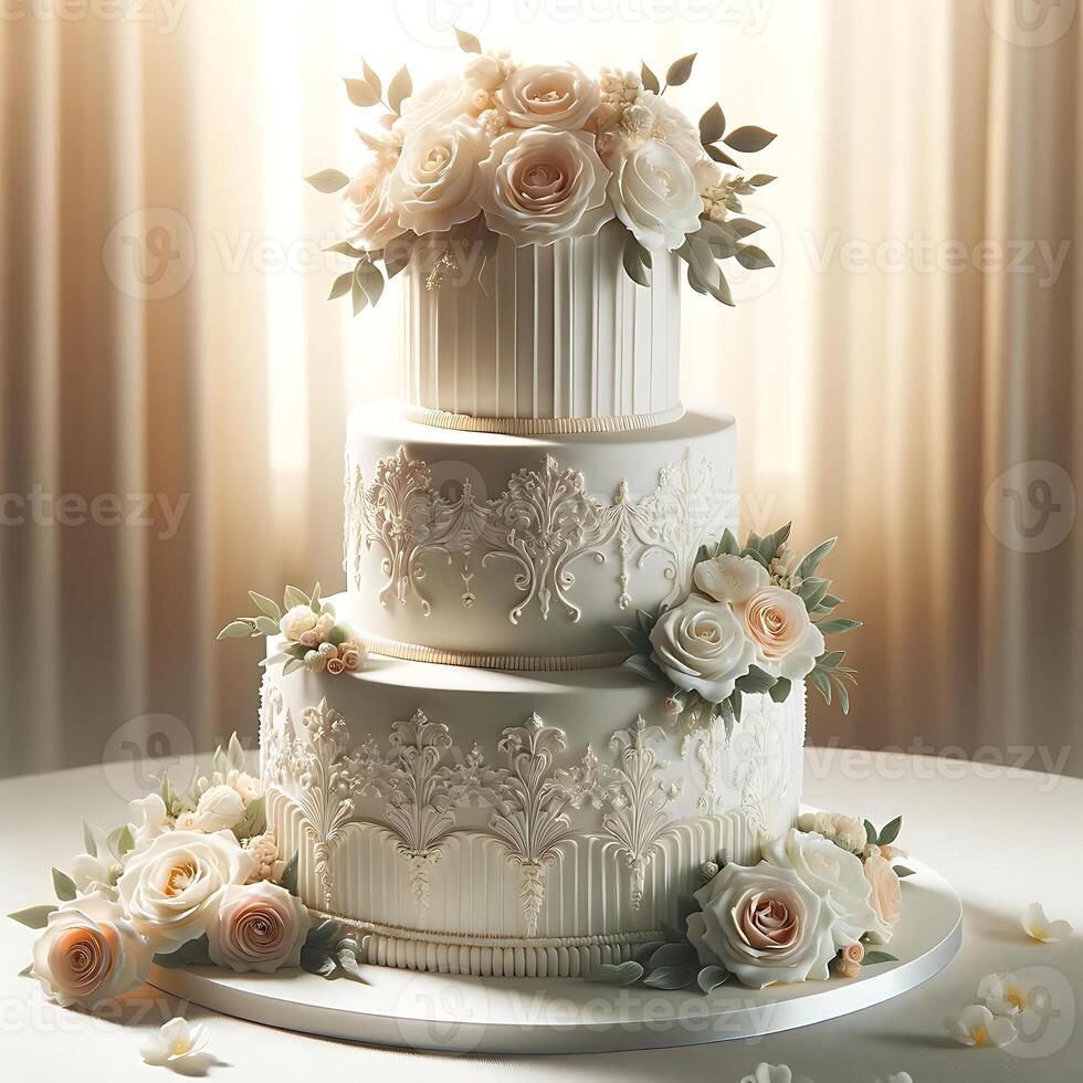 ai gegenereerd overladen bruiloft taart met elegant roos versieringen en gedetailleerd suikerglazuur foto