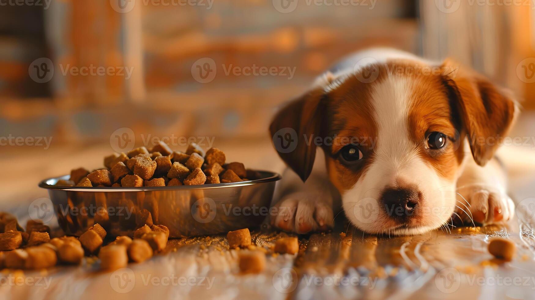 ai gegenereerd een klein schattig jack Russell puppy in de buurt een kom van voedsel. ai gegenereerd foto