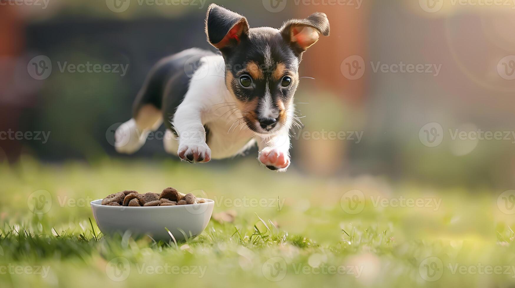 ai gegenereerd een klein schattig jack Russell puppy in de buurt een kom van voedsel. ai gegenereerd foto