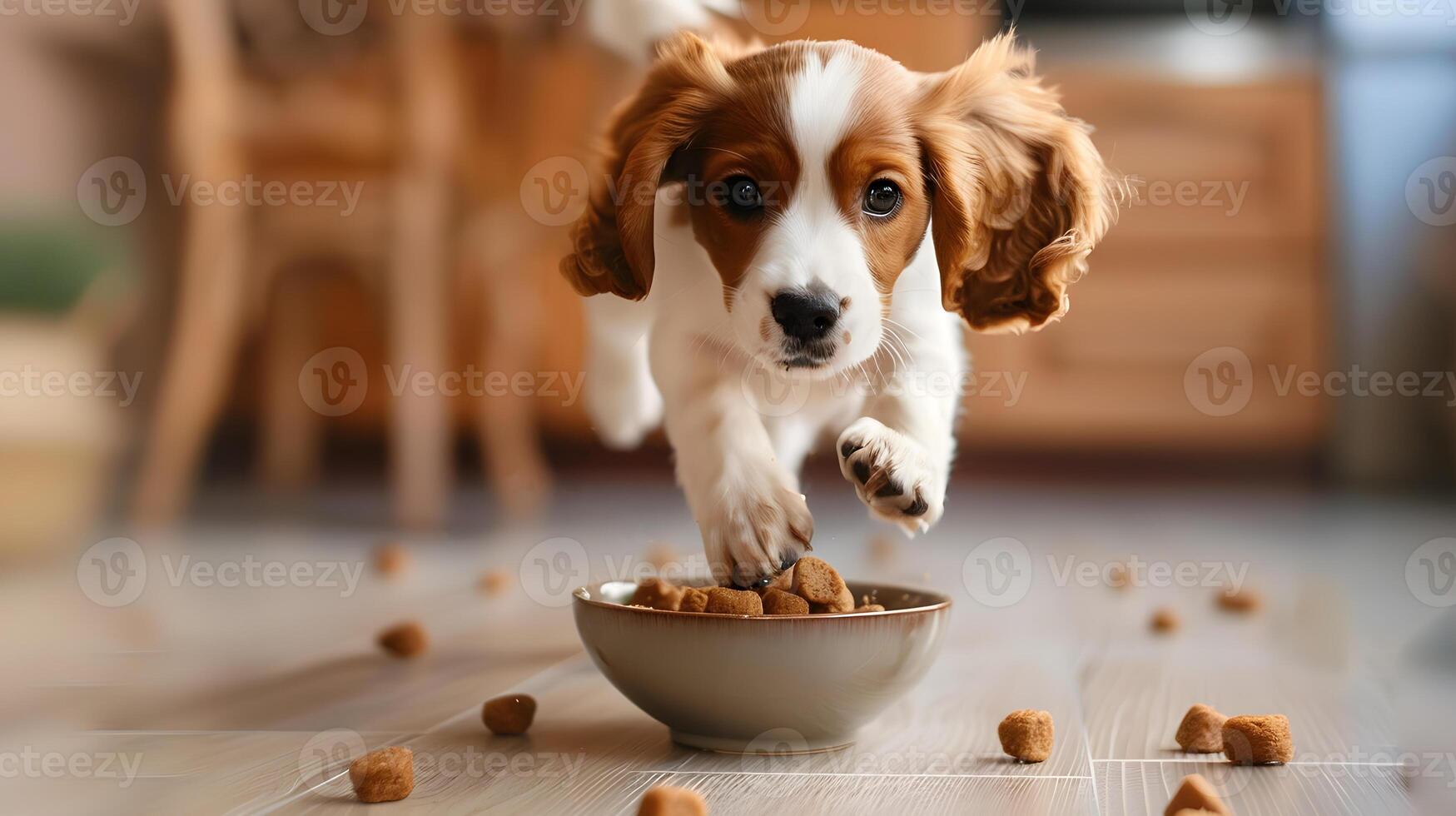 ai gegenereerd een klein schattig jack Russell puppy in de buurt een kom van voedsel. ai gegenereerd foto