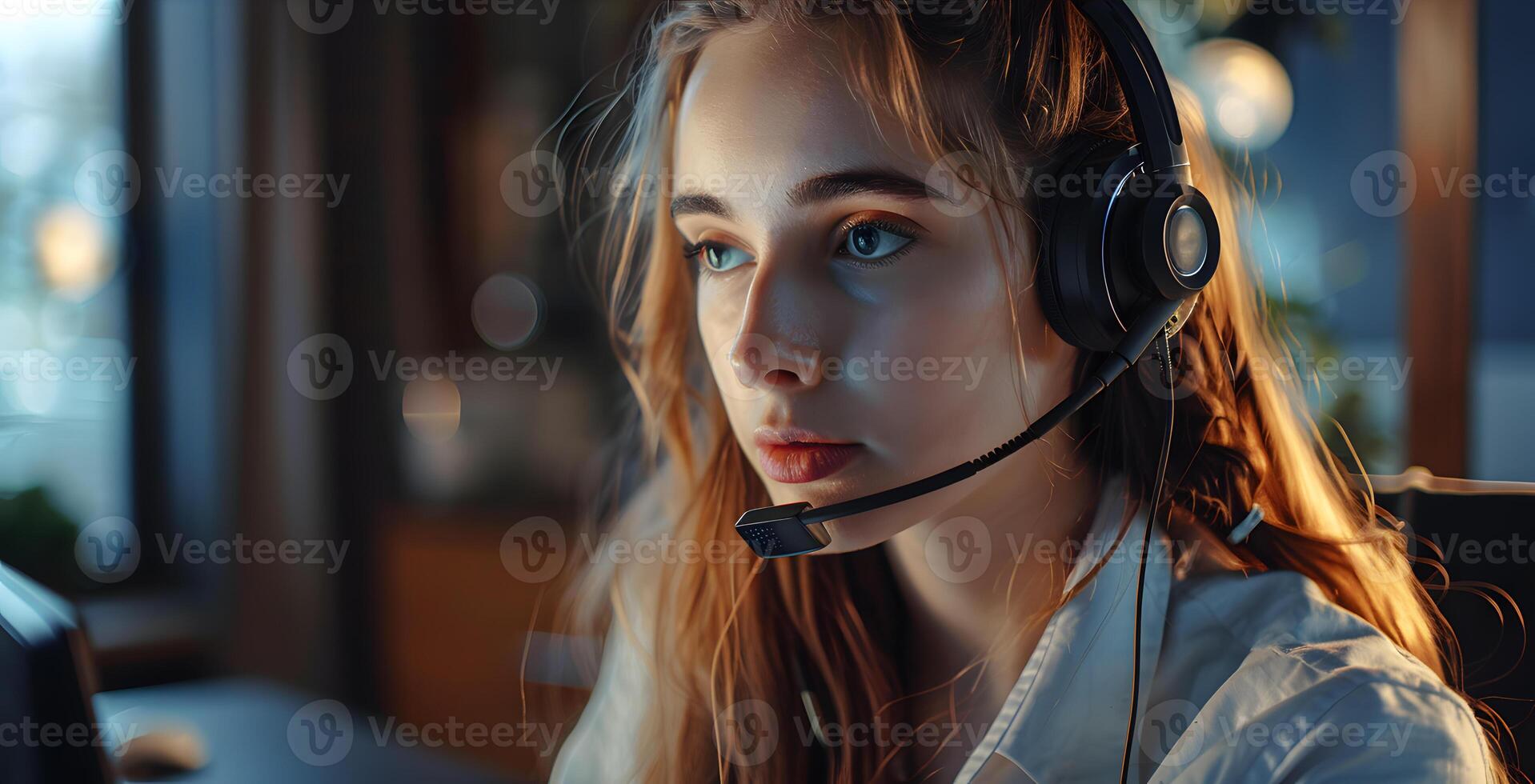 ai gegenereerd portret van een jong vrouw telefoontje centrum exploitant. ai gegenereerd foto