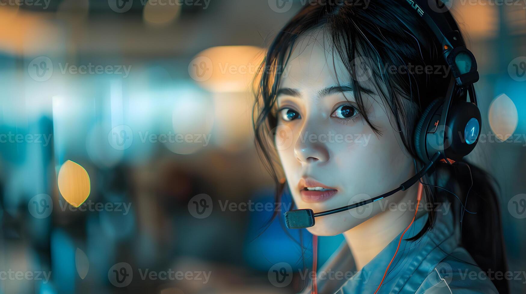 ai gegenereerd portret van een jong vrouw telefoontje centrum exploitant. ai gegenereerd foto