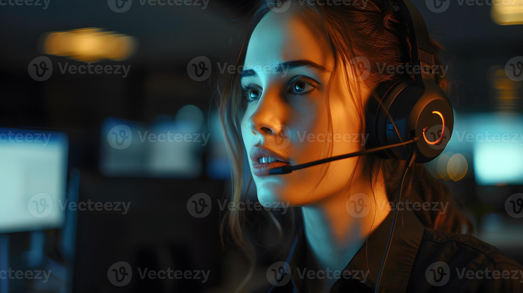 ai gegenereerd portret van een jong vrouw telefoontje centrum exploitant. ai gegenereerd foto