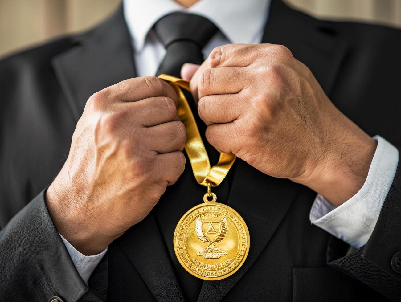 ai gegenereerd zakenman Holding een goud medaille in zwart pak. foto