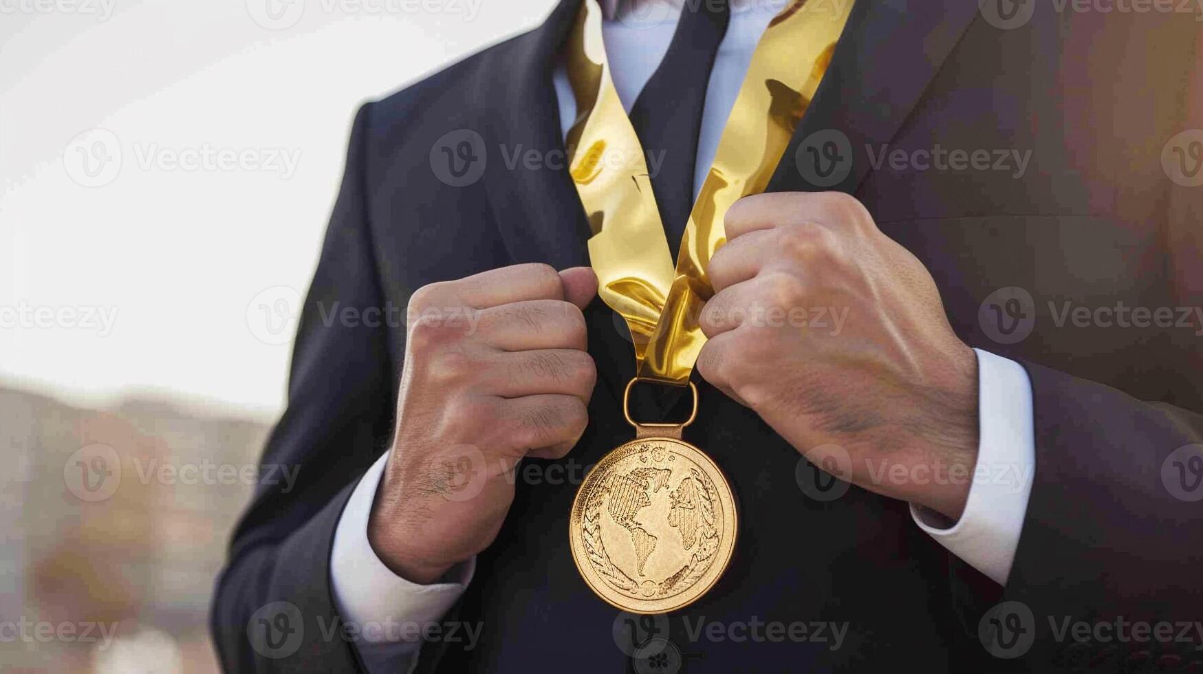 ai gegenereerd zakenman Holding een goud medaille in zwart pak. foto