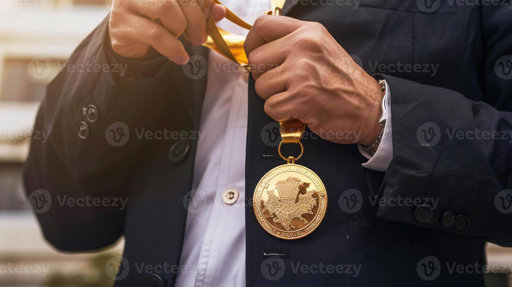 ai gegenereerd zakenman Holding een goud medaille in zwart pak. foto