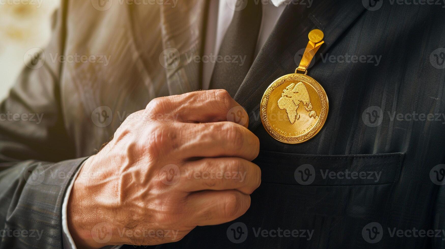 ai gegenereerd zakenman Holding een goud medaille in zwart pak. foto