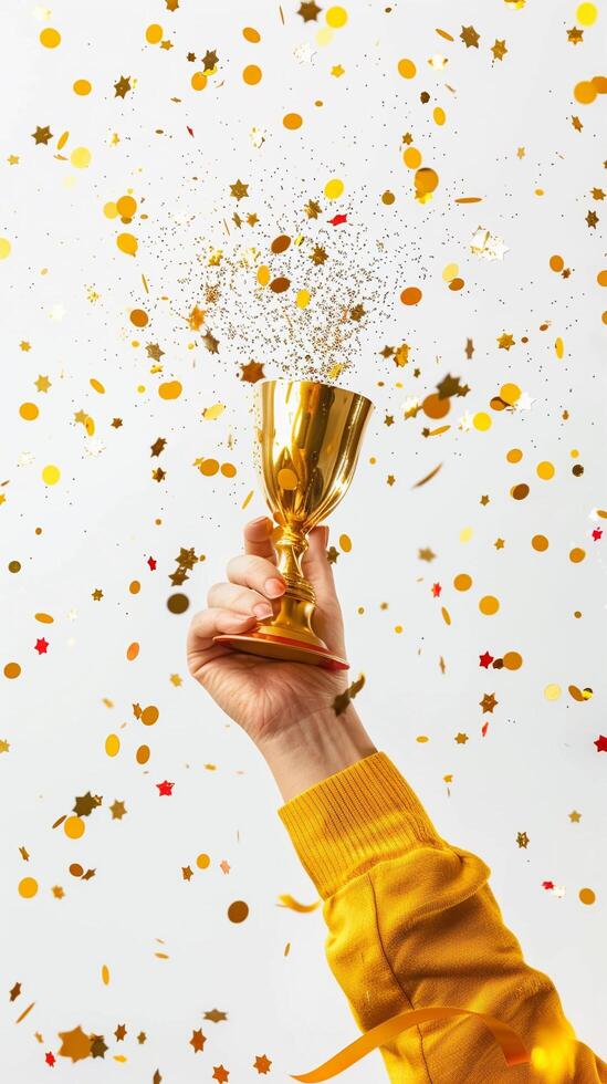 ai gegenereerd handen van bedrijf vrouw Holding en optillen een gouden trofee, omgeving met Gefeliciteerd confetti lint vlokken. foto