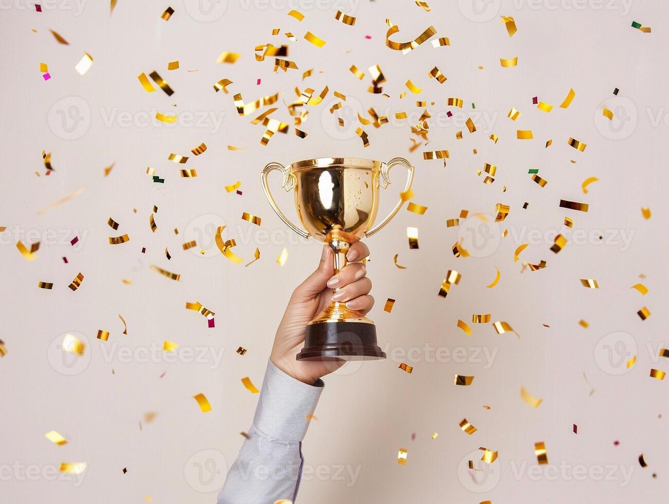 ai gegenereerd handen van bedrijf vrouw Holding en optillen een gouden trofee, omgeving met Gefeliciteerd confetti lint vlokken. foto