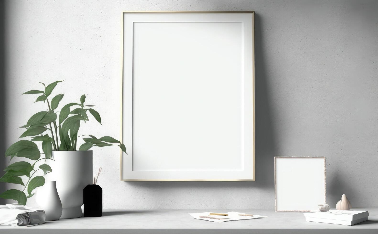 ai gegenereerd leeg afbeelding kader mockup Aan een muur verticaal kader mockup in modern minimalistische interieur met fabriek in modieus vaas Aan muur achtergrond foto