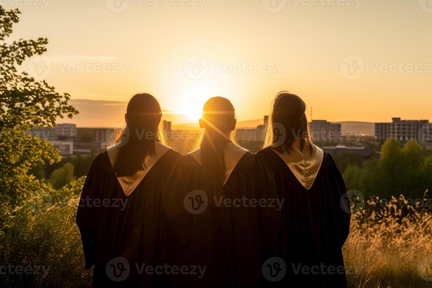 ai gegenereerd groep van afgestudeerden wandelen naar beneden de straat. generatief ai foto