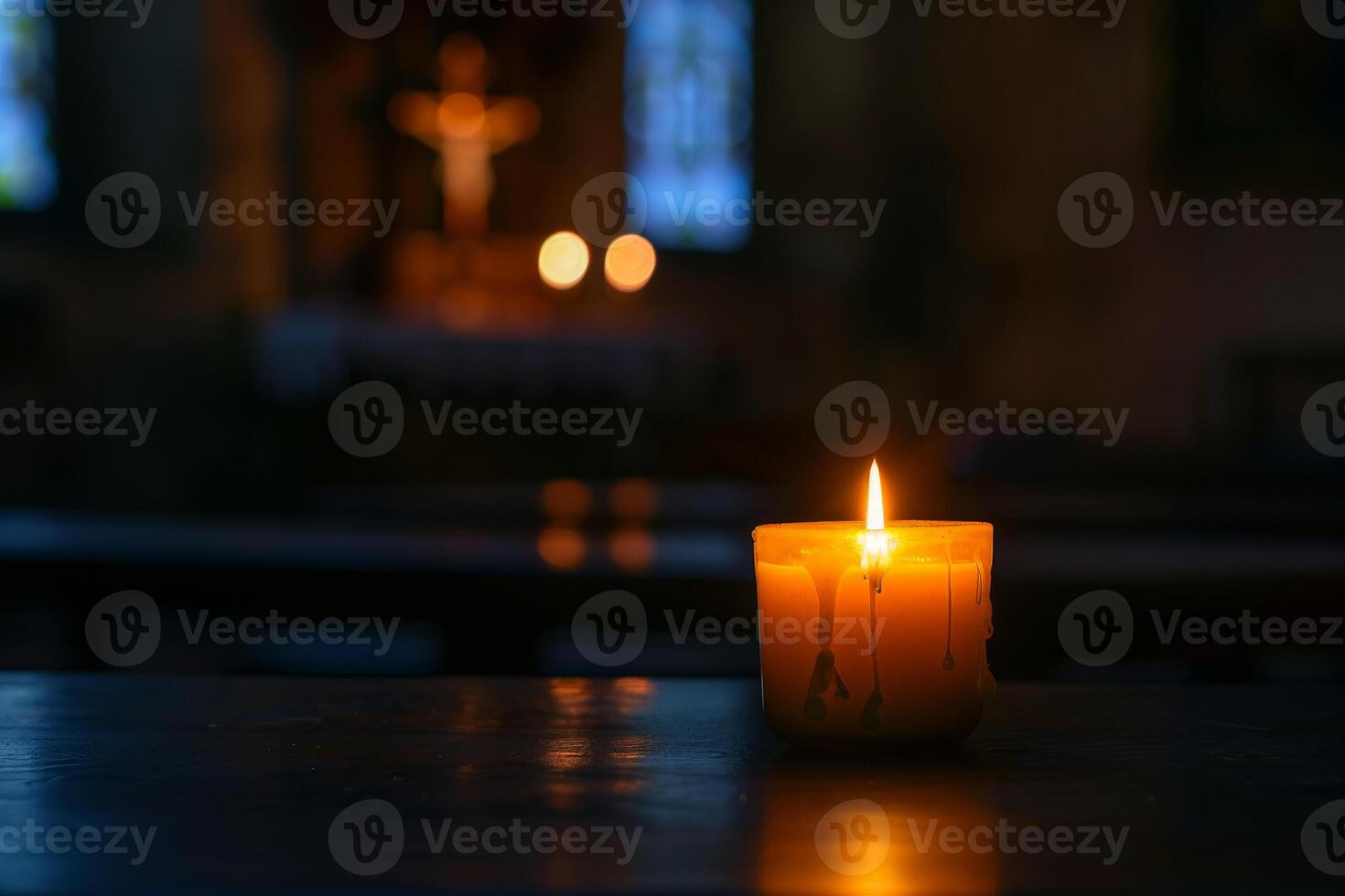 ai gegenereerd christen kruis met kaarsen Aan christen kerk. generatief ai foto