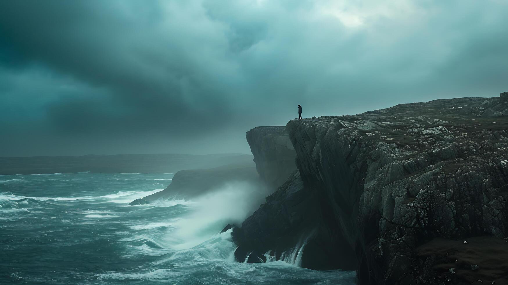 ai gegenereerd veerkrachtig figuur confronteert turbulent oceaan omarmd door stil bepaling in de gezicht van storm foto