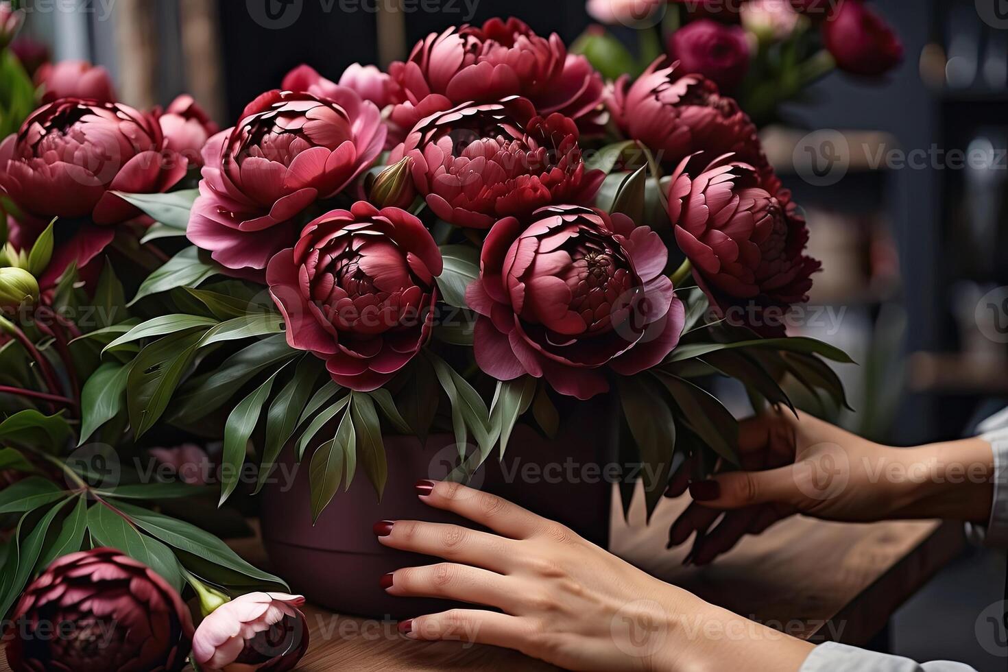 ai gegenereerd een vrouw bloemist verzamelt een boeket van pionnen- vers besnoeiing bloemen in dozen en vazen in een magazijn en rekken voor uitverkoop, levering voor de vakantie. lente, maart 8, vrouwen dag, verjaardag. foto