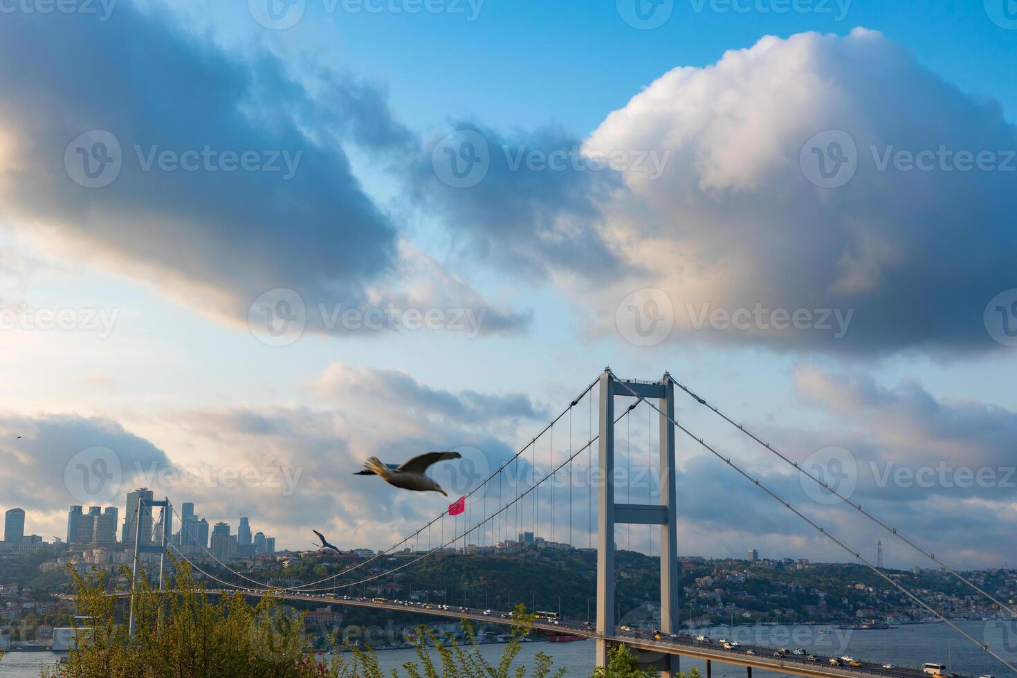 Istanbul visie. Bosporus brug en stadsgezicht van Istanbul met bewolkt lucht foto